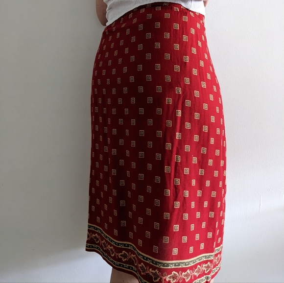 Red Paisley Midi Faux Wrap Skirt - 90's Summer Grunge Romance - High-Waisted - Picture 6 of 6